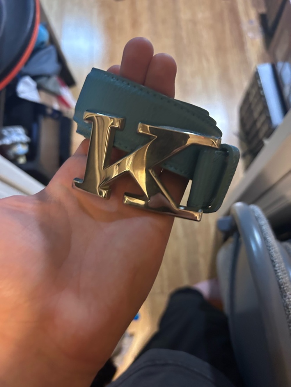 Kiton Teal Leather Belt with Silver 'K' Buckle